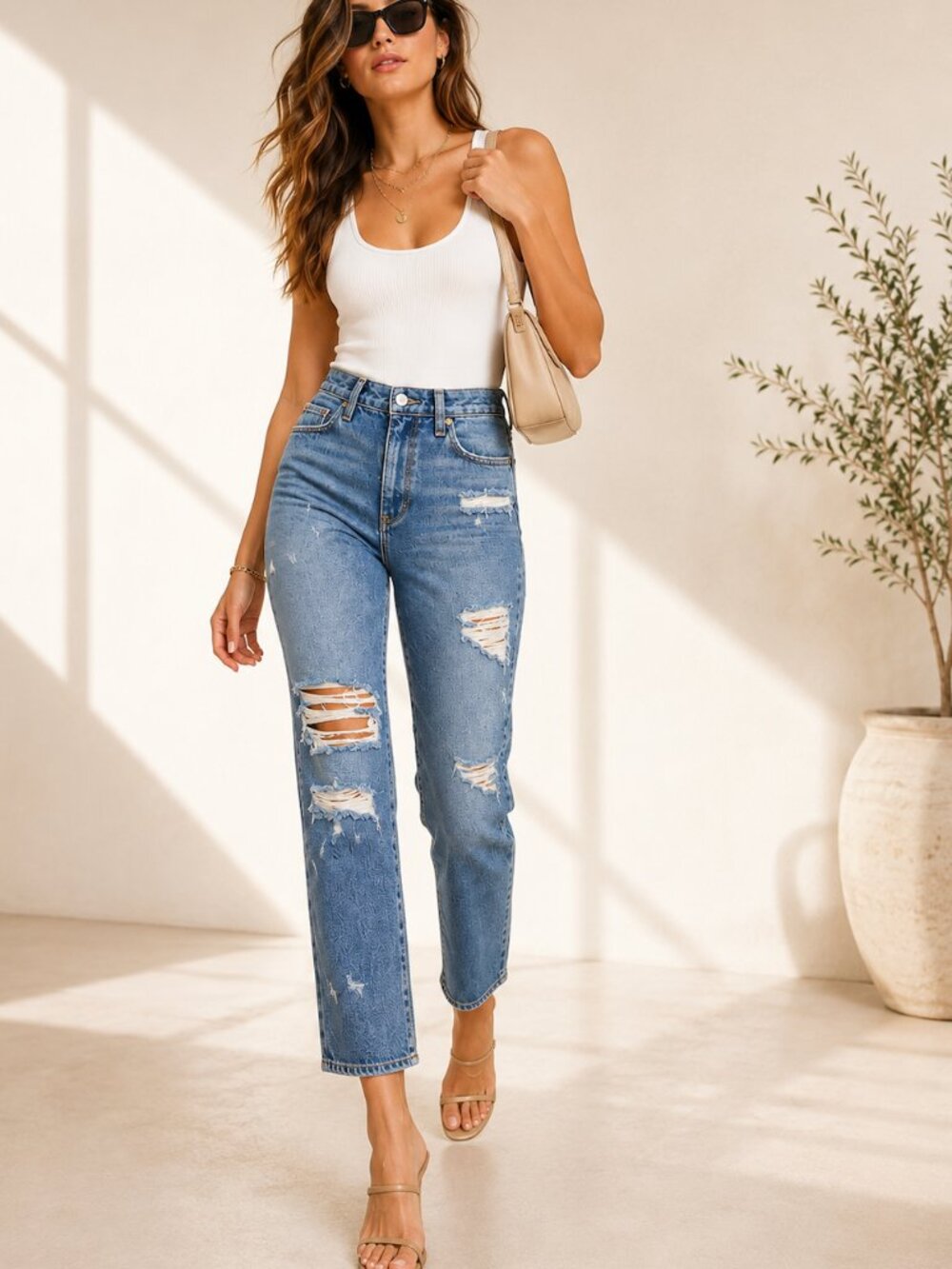 Lovers + Friends Logan High Rise Straight Leg Jeans Distressed Hollywood Wash Co